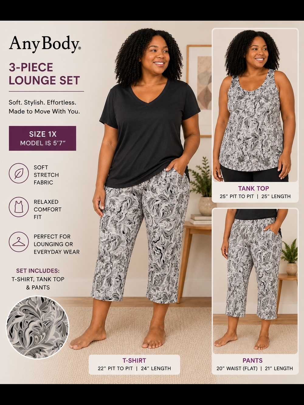 AnyBody 3Pc Lounge Set Black Tee Printed Tank Crop Pants 1X